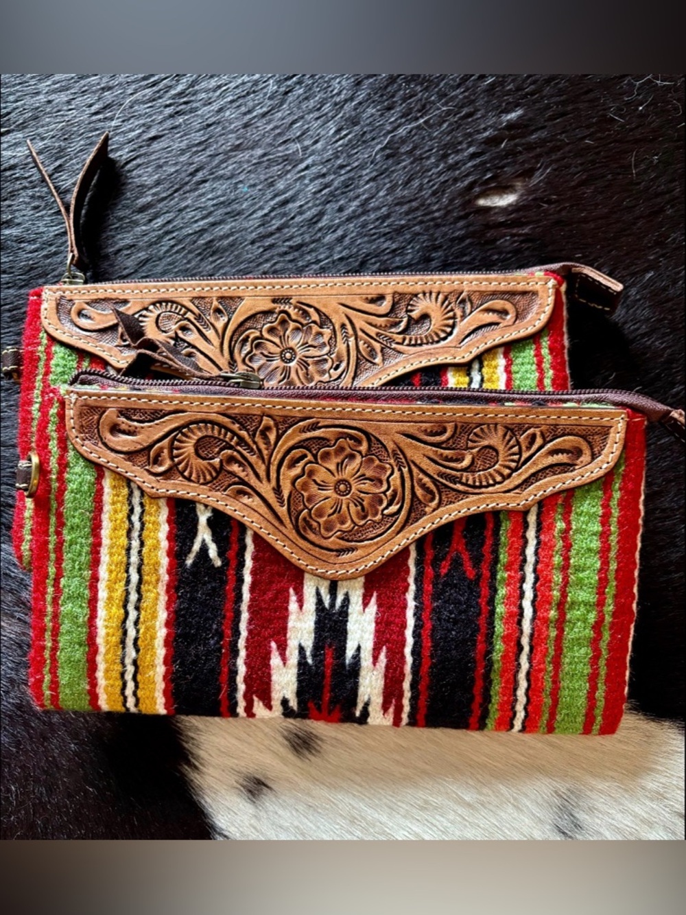 Handcrafted Aztec Stripe Leather-Trim Clutch - Red & Green